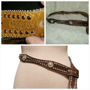 Vintage Nocona Brown Leather Belt 28 Conchos Rhinestones Studded Rockstar